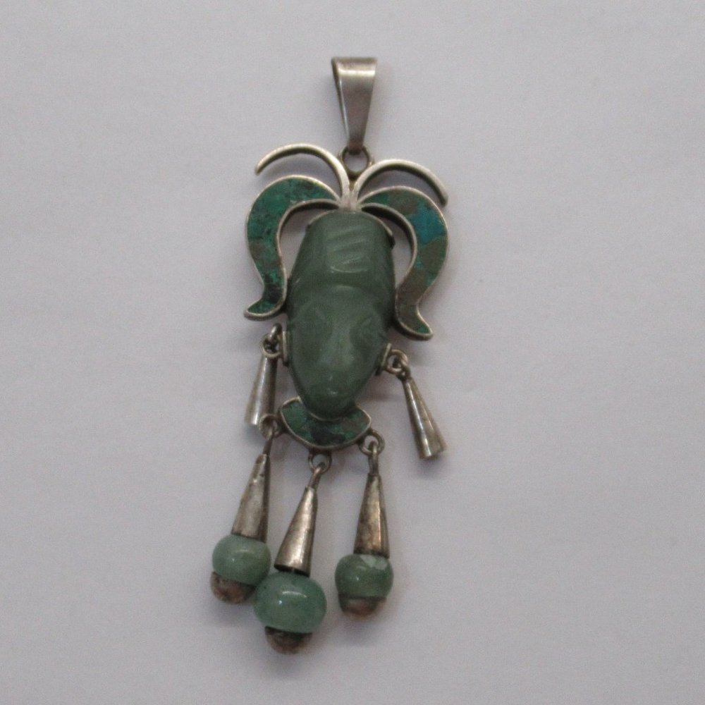 Vintage 925 and Jade Aztec Head By Jose Marmolejo